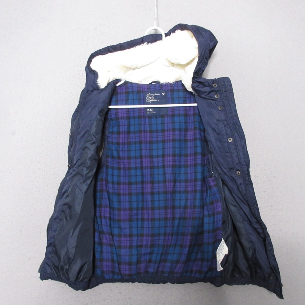 American Eagle Puffer Vest Women Medium Blue Y2K Faux Fur Hood Patch Zip Nylon - Picture 3 of 13